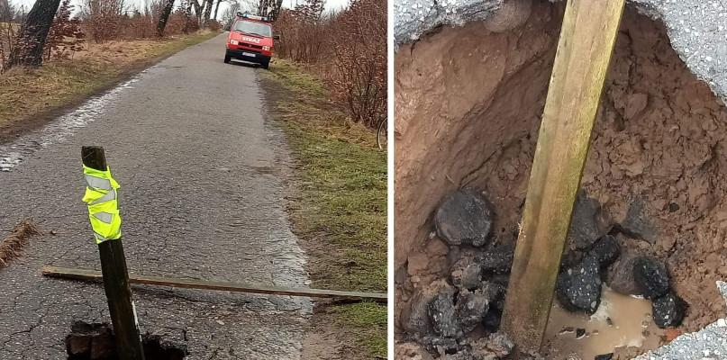 Woda podmyła drogę powiatową do Rokicin. ZDP tymczasowo naprawia nawierzchnię