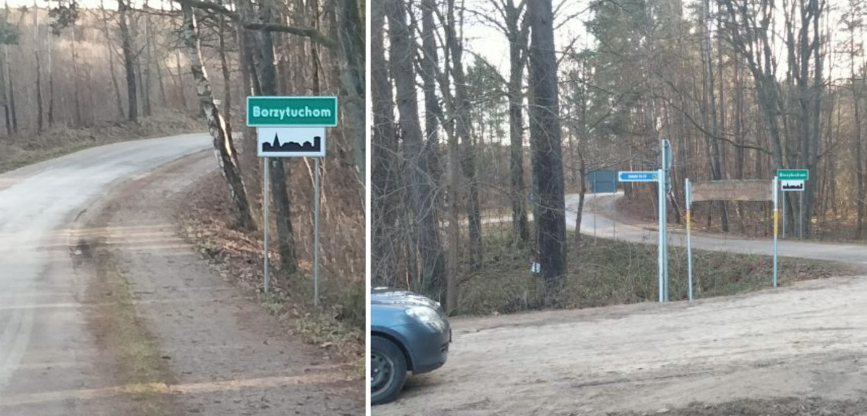Nowy znak, wyznaczający obszar zabudowany, został ustawiony w lesie za Borzytuchomiem