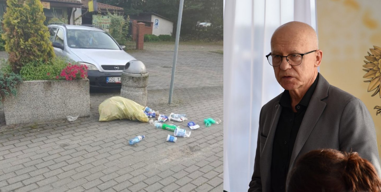 Wójt Jan Klasa zwraca uwagę na rozrzucone śmieci w centrum Czarnej Dąbrówki