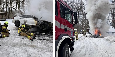 Pożar BMW na leśnym parkingu. Szybka interwencja-22832