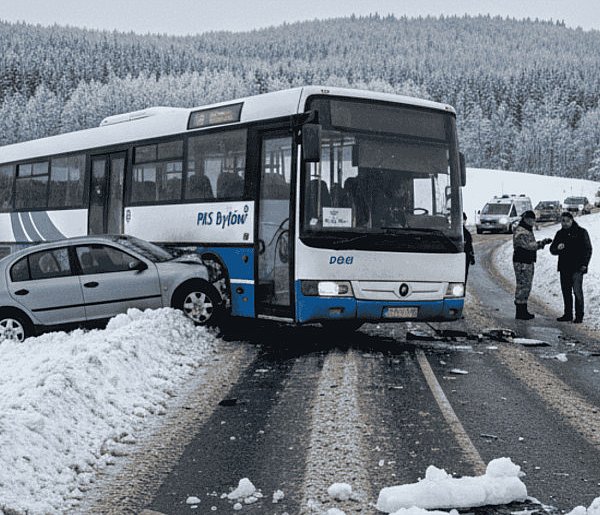 Oblodzony zakręt, zniszczony PKS. W Jeleńczu ostrzegali