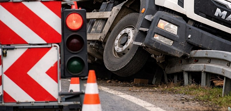 Ciężarówka z pustakami oparła się o barierę. Ruch odbywa się wahadłowo