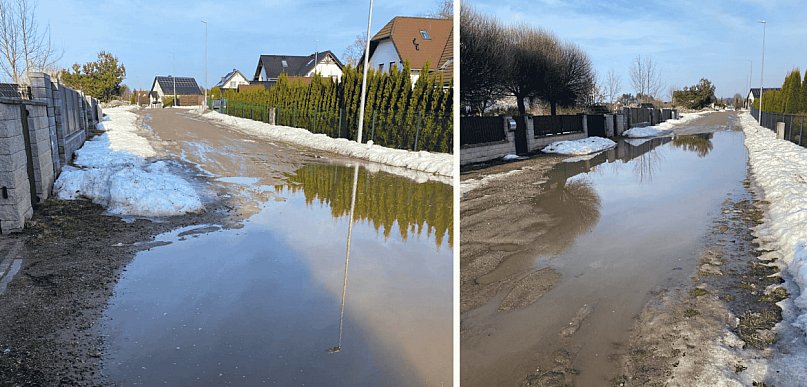 Niebezpieczna kałuża w Rzepnicy. Auta pod furtkami, skrzynka z prądem w wodzie