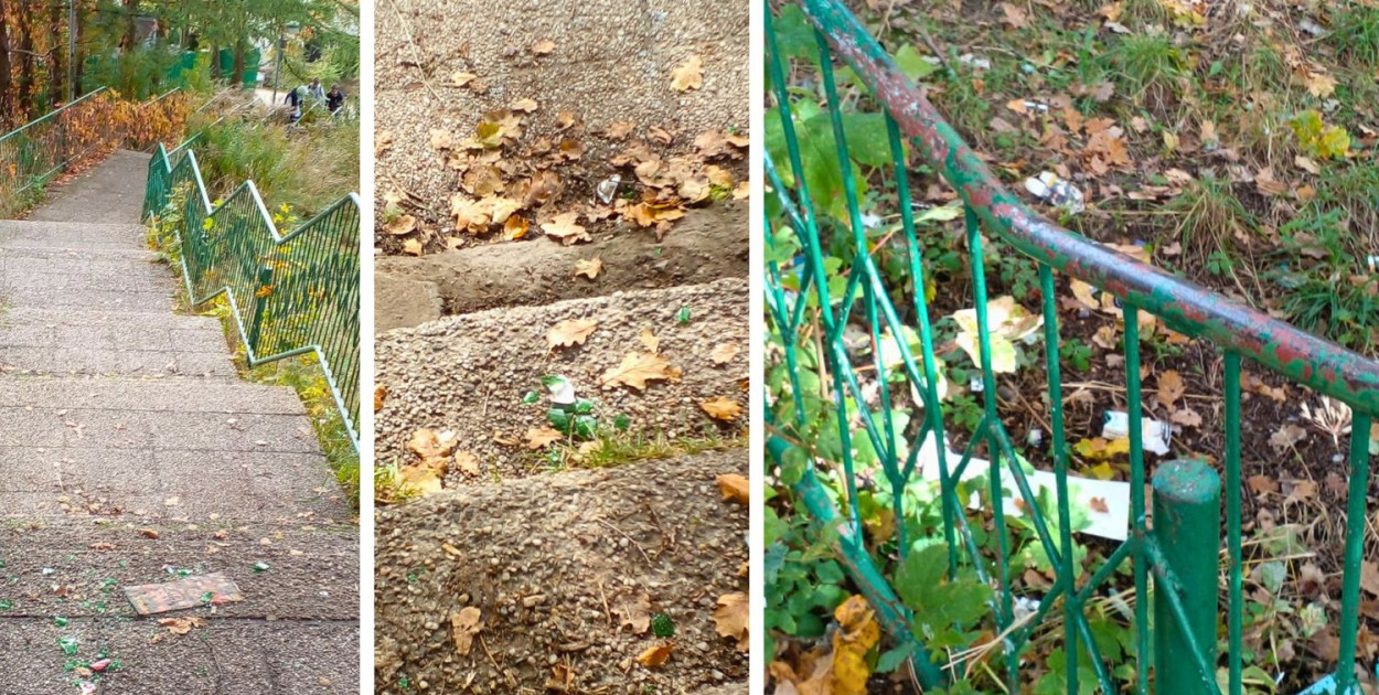 Schody stanowiące skróty do instytucji powiatowych są zaniedbane i zaśmiecone