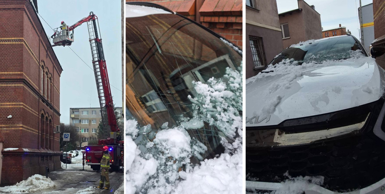 Z dachu budynku banku Pekao S.A. w Bytowie spadła lodowa bryła uszkadzając stojący tam samochód marki KIA Sportage 