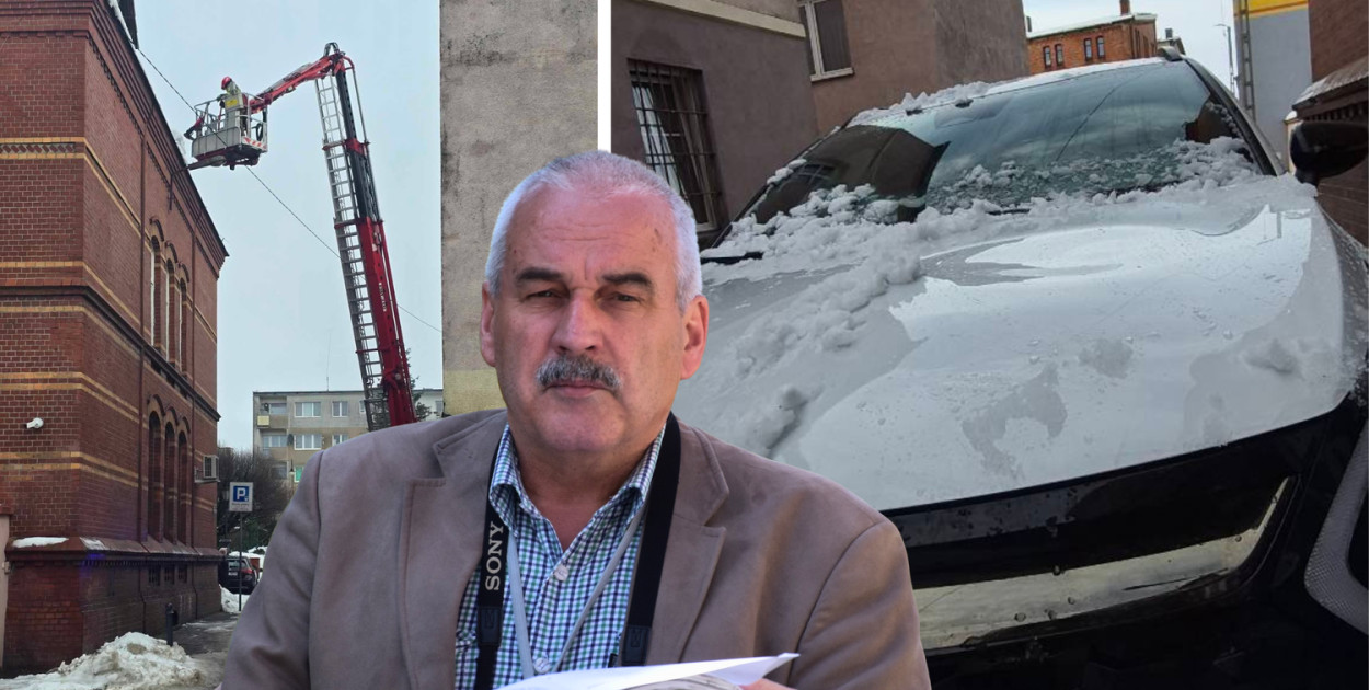 Lód z dachu banku uszkodził auto. Inspektor Wysocki ruszył w miasto