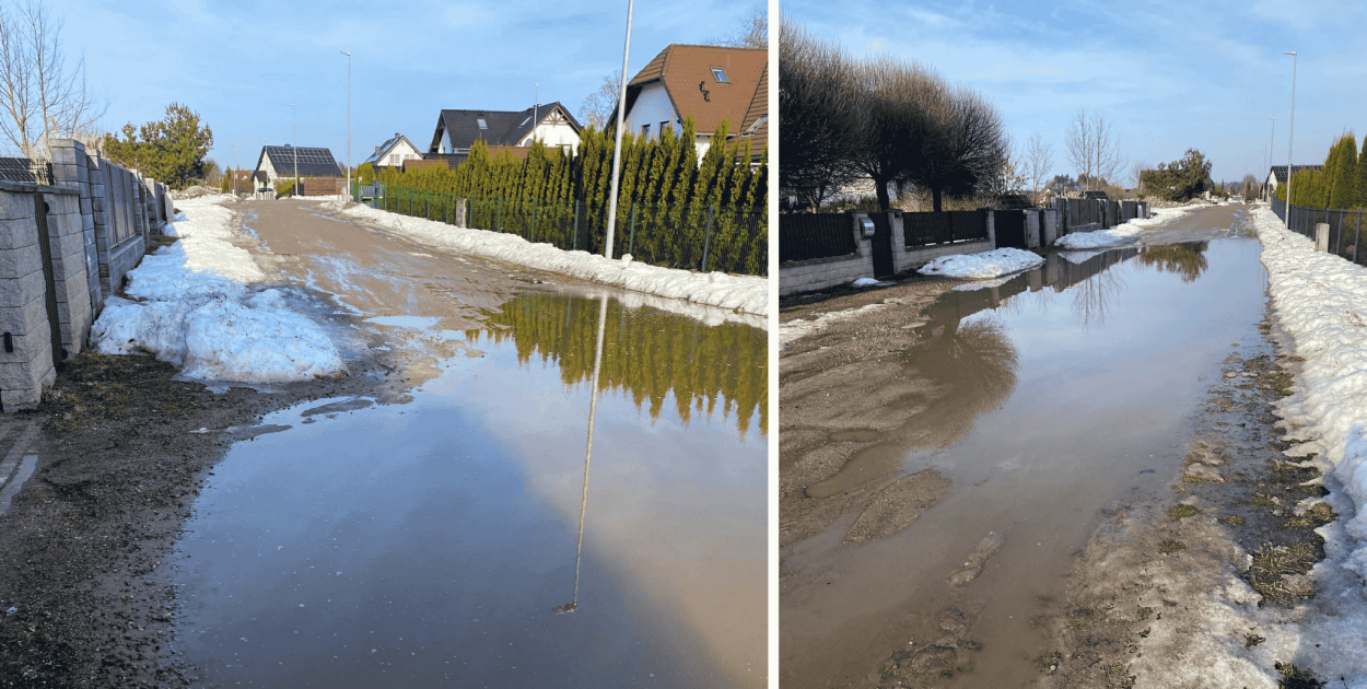 Niebezpieczna kałuża w Rzepnicy. Auta pod furtkami, skrzynka z prądem w wodzie