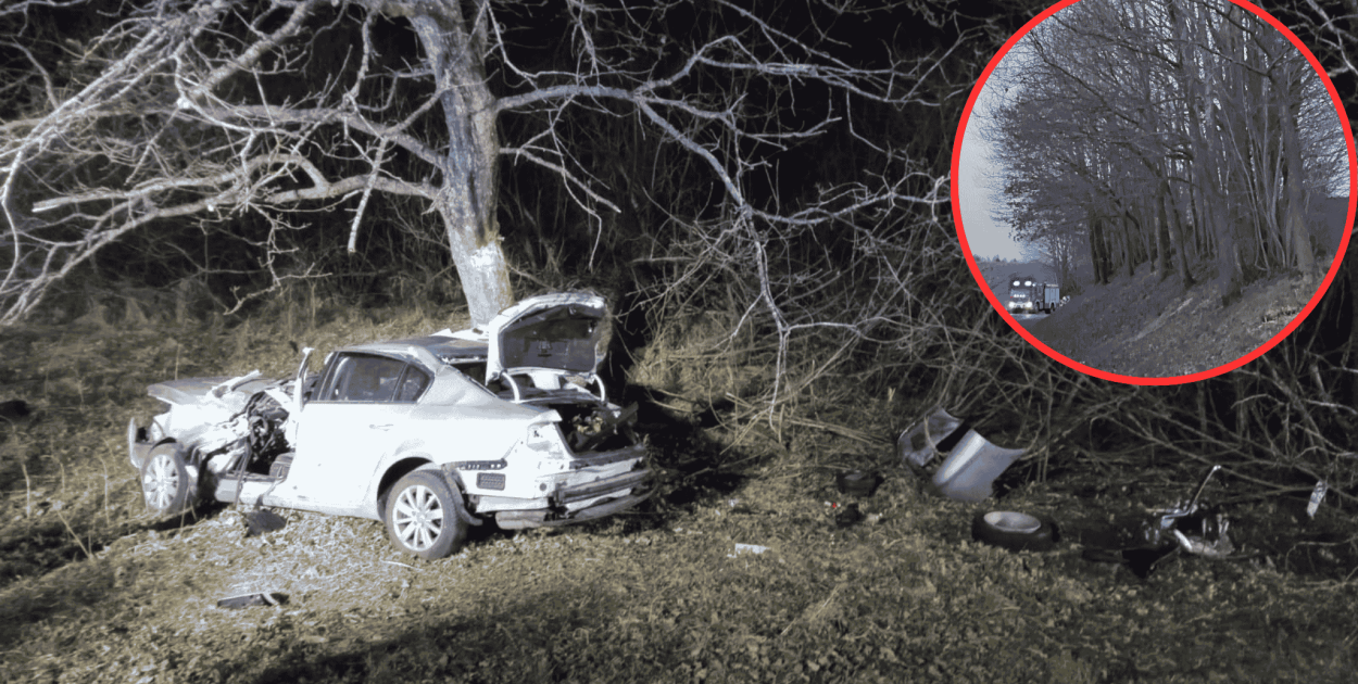NOCNY śmiertelny wypadek na dw 212. Samochód uderzył bokiem w drzewo